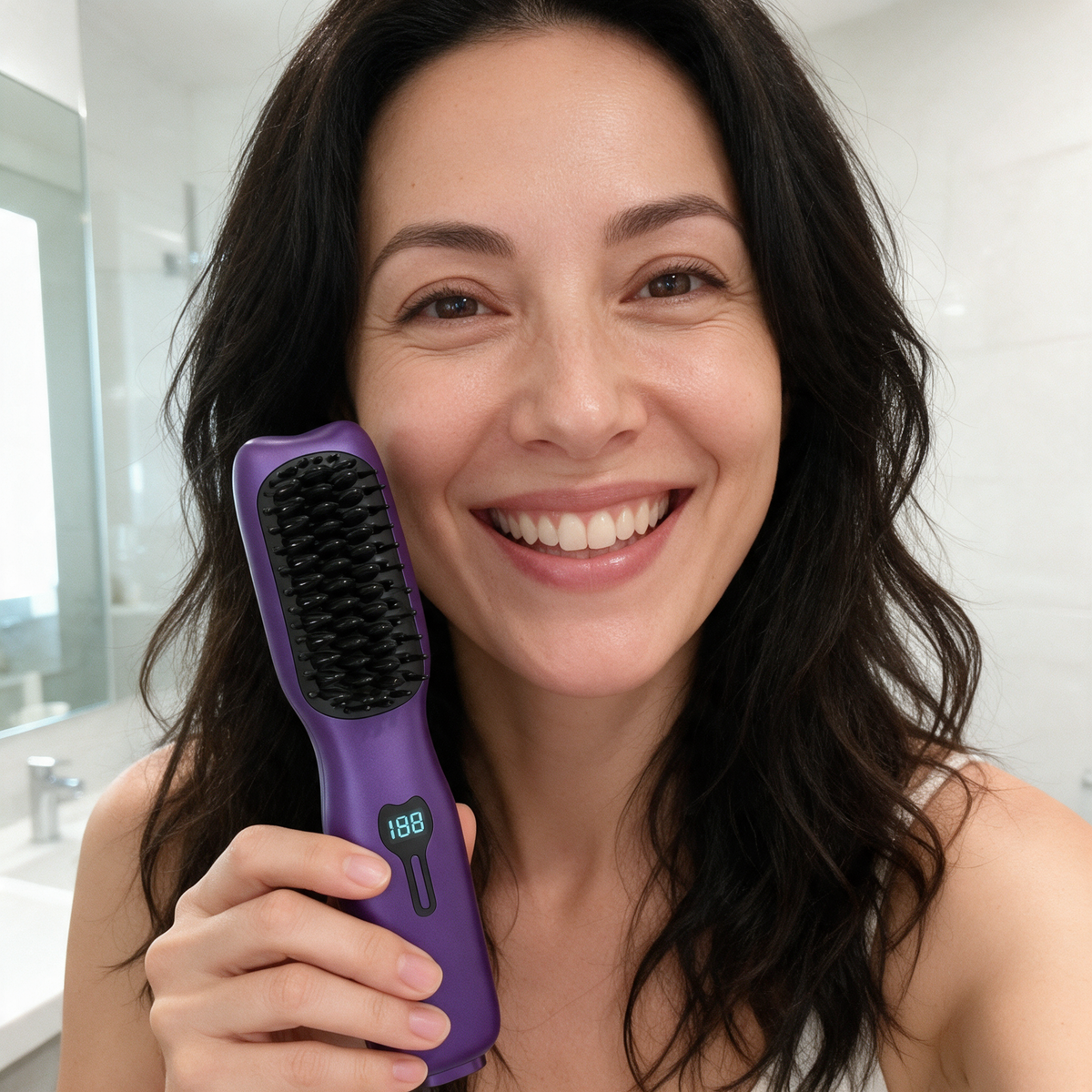 Utilisation de la brosse lissante chauffante sans fil SORÉA Glide dans la salle de bain