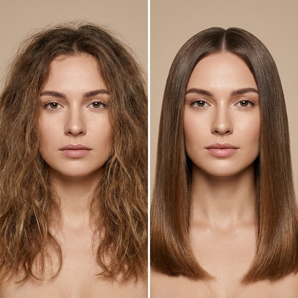 Cheveux frisés avant, puis lisses après un seul passage de la brosse lissante SORÉA Glide